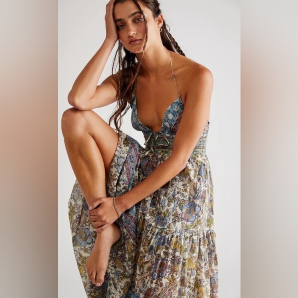 Free People Real Love Midi Dress Size Small Blue Combo Sleeveless Sundress NWT